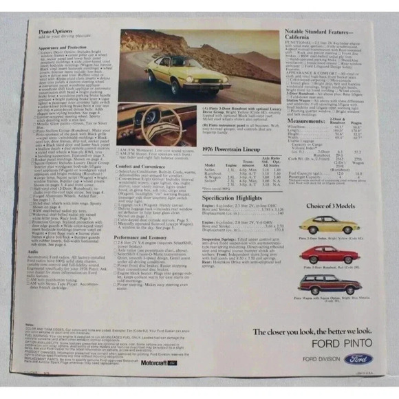 Vintage Original 1976 Ford Pinto Foldout Sales Brochure 76 Sedan Runabout Wagon - Picture 4 of 4